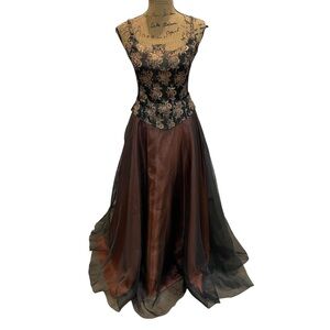 Vintage Formal Brown & Black Corset Evening Gown Whimsigoth Fairy Dark Romantic